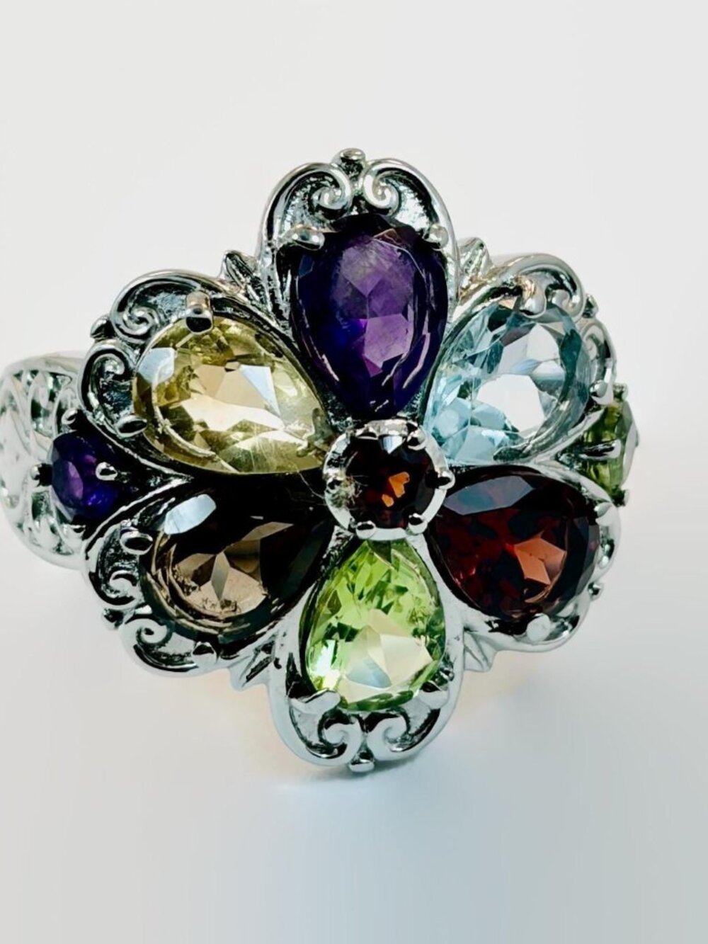 Vintage Ring, Cluster, Flower, Sterling Silver, Amethyst, Blue Topaz, Peridot